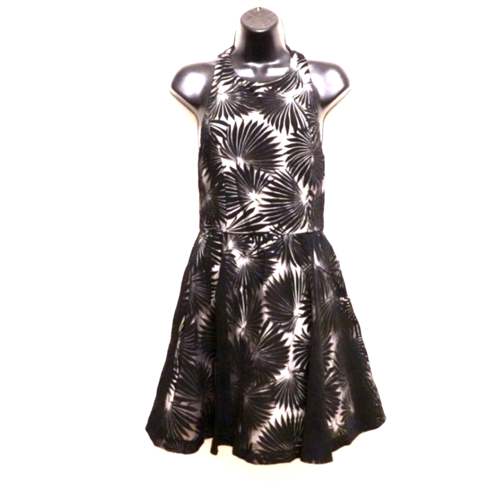 ALICE+OLIVIA black sheer palm overlay fit and flare cut-out back dress, size 4